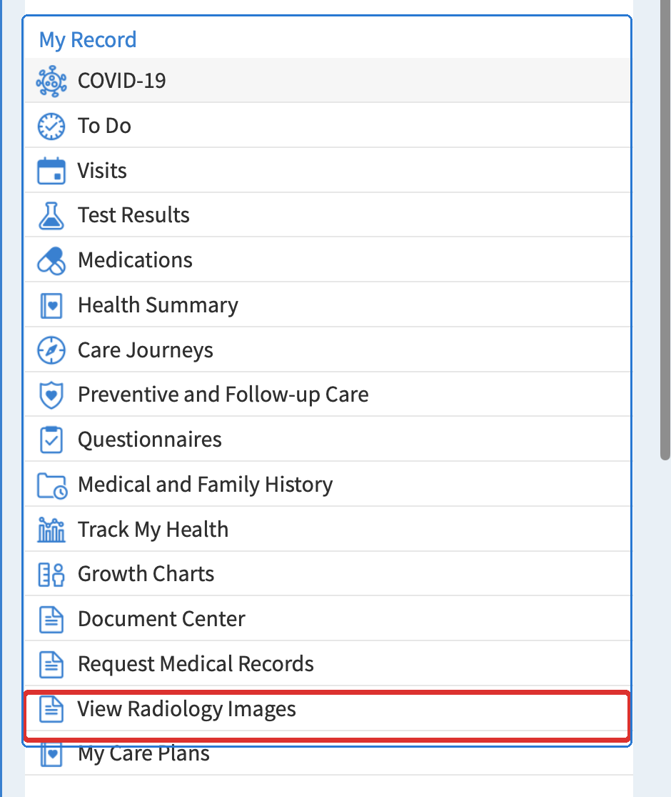 MyChart menu showing View Radiology Images under My Record.
